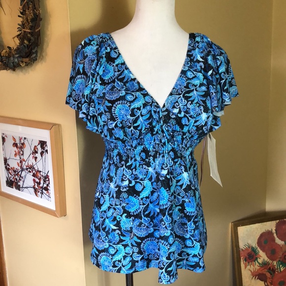 FIT FOR YOU size 16 Floral Scroll Fan V-Neck SMOCKED Ruched Empite Waist $78 NEW - Picture 2 of 15